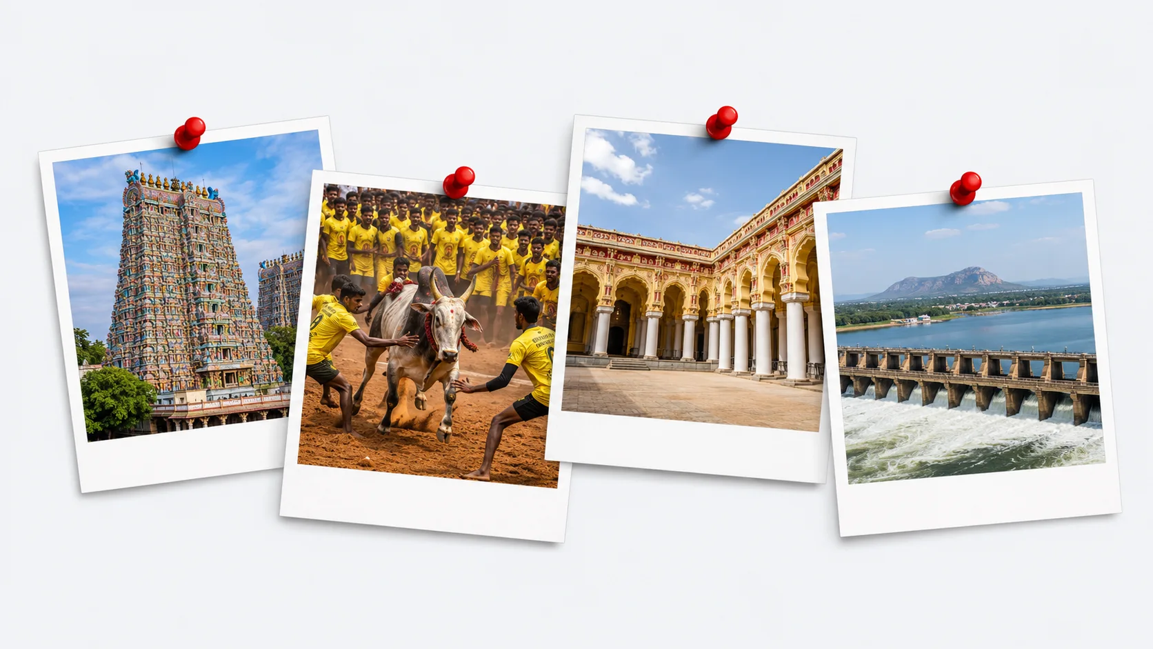 Polaroid collage of landmarks and heritage architecture in Madurai