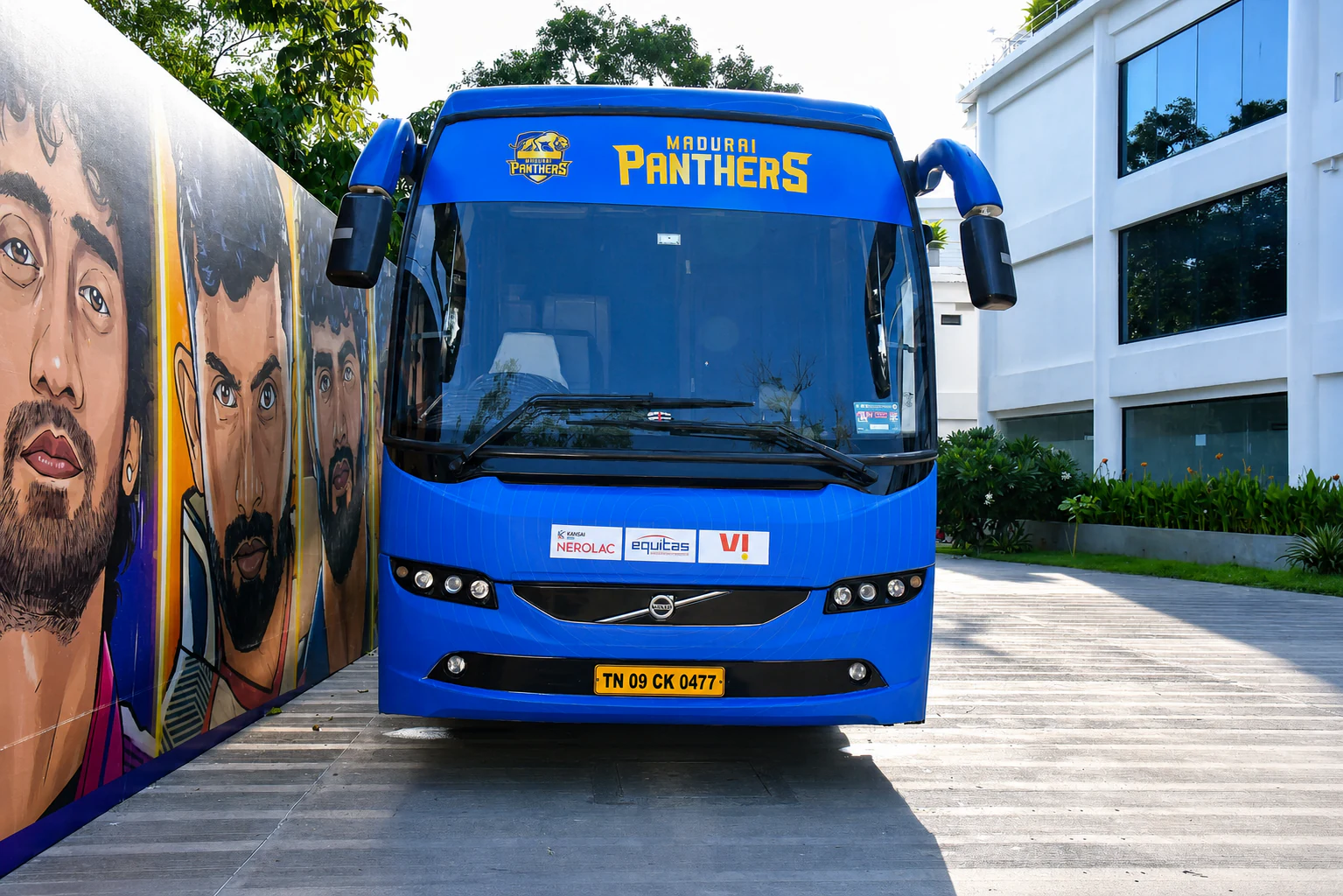 Straight front view of the Madurai Panthers team bus