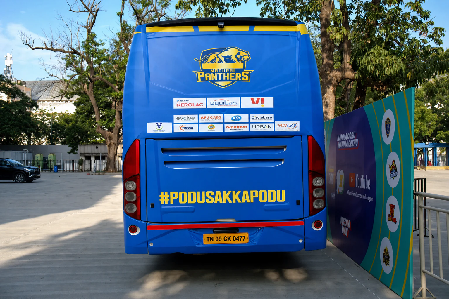 Rear view of the Madurai Panthers team bus