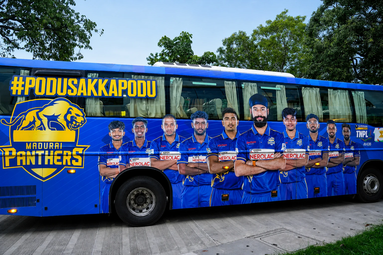 Full side view of the Madurai Panthers team bus