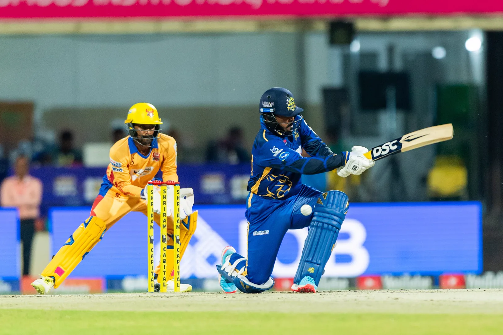 Madurai Panthers batter playing a shot against Dindigul Dragons
