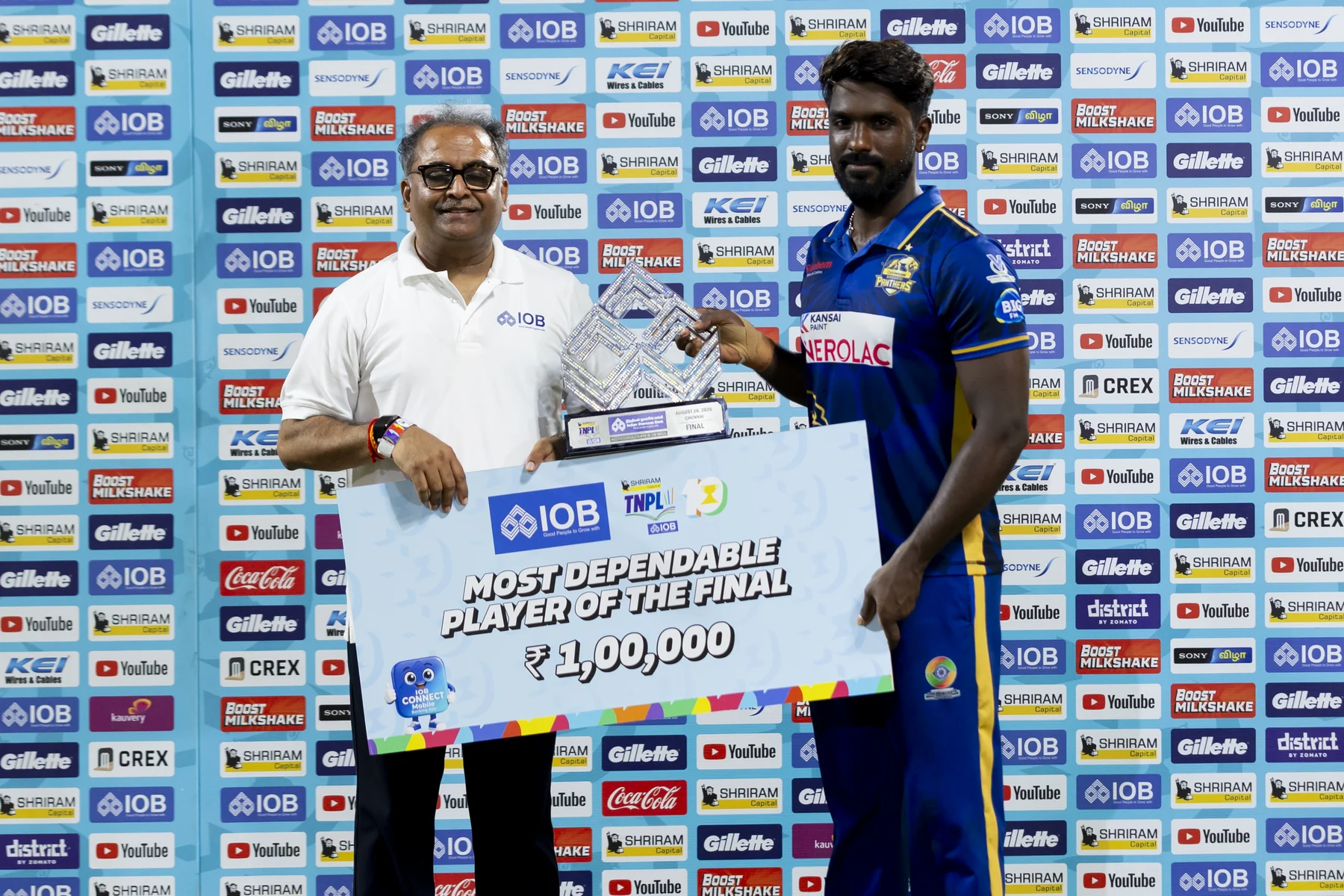 Madurai Panthers player receiving an award after the TNPL 2026 final