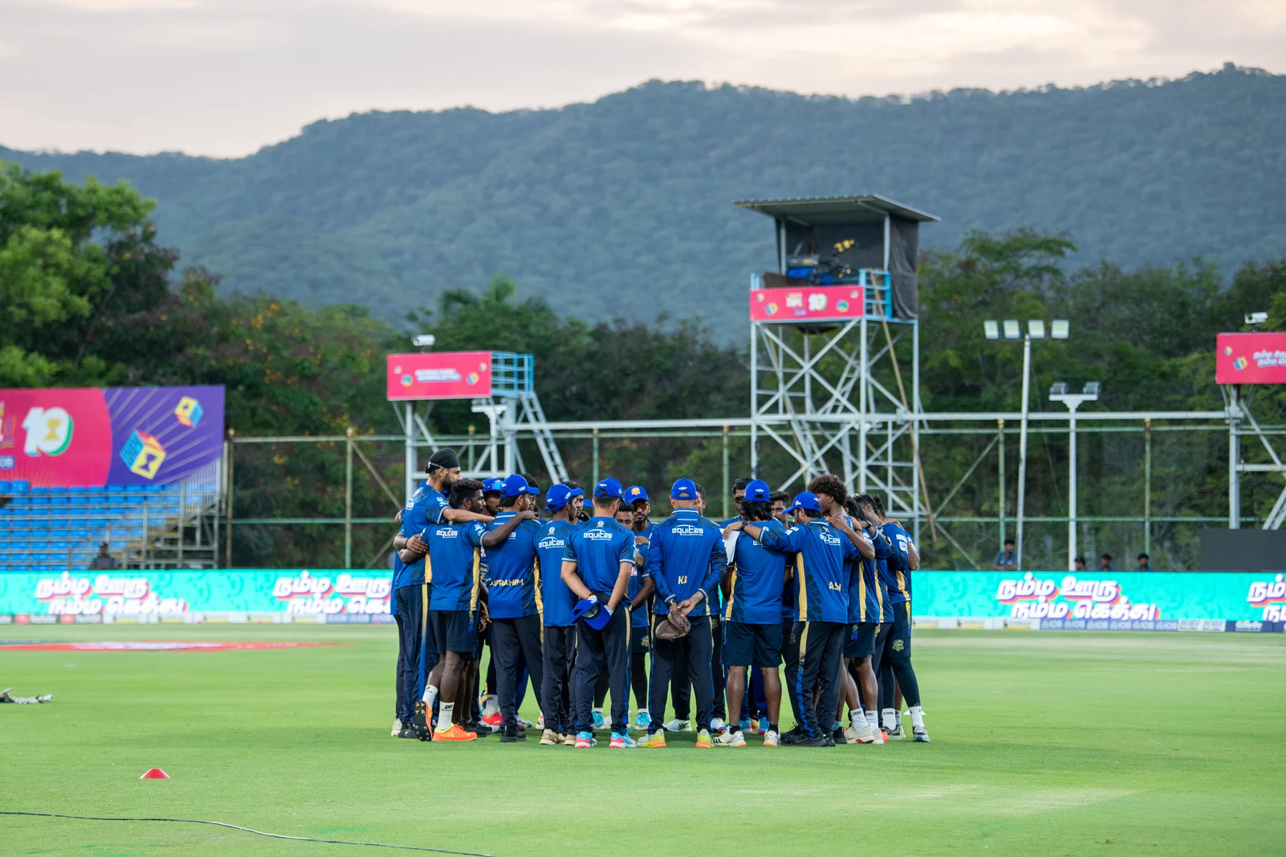 Madurai Panthers squad gathered during their pre-match warm-up session
