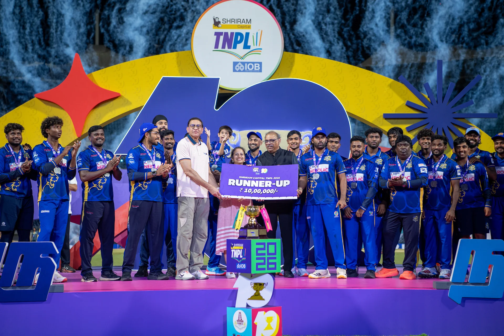 Madurai Panthers squad receiving the TNPL 2026 runners-up cheque